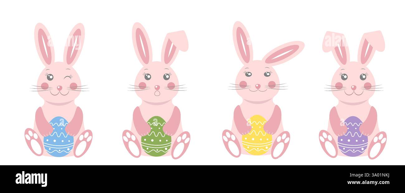 Colorful illustration of happy bunnies holding decorated easter eggs in ...