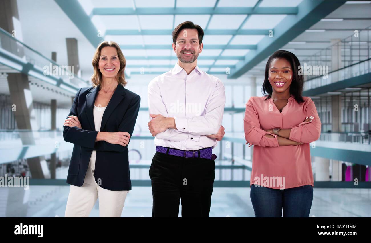Smiling Business Team Poses For Group Photo In Corporate Office Stock ...