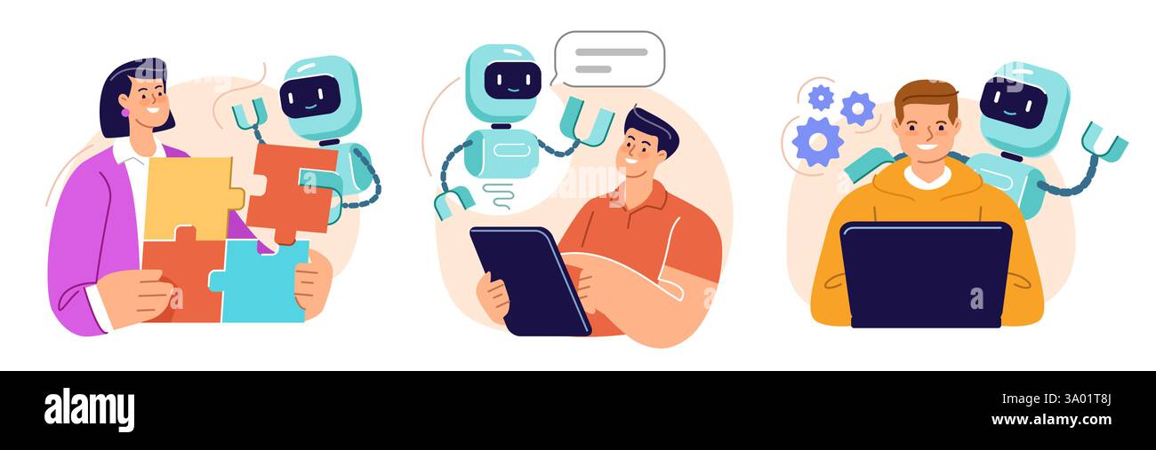 Artificial intelligence helps multitasking or productivity. Human interacts with robot assistant. Innovation technology Stock Vector