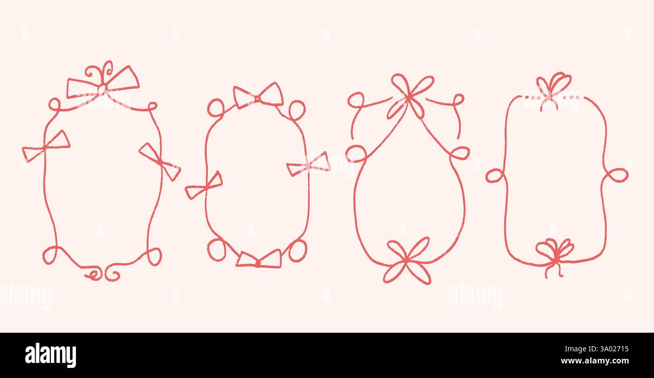 Doodle coquette frames with bows. Vintage line wavy border with ribbons ...