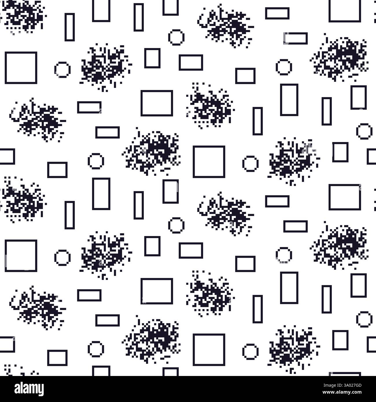 Pixel art geometric seamless pattern. Circular and rectangle ornament 8 bit endless background. 90s line art dithering repeat cover. Surface pattern d Stock Vector