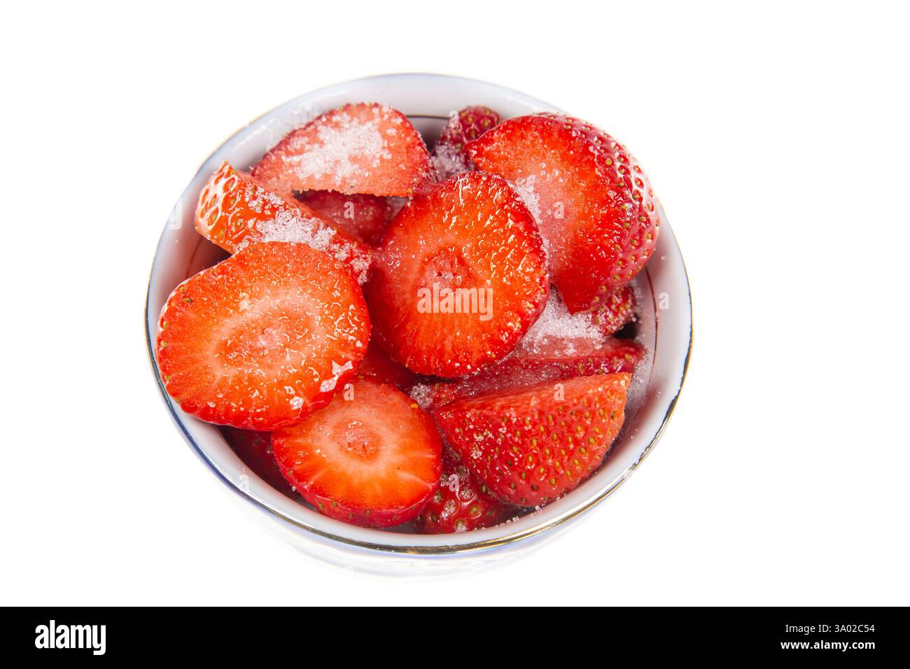 Strawberries in a bowl with sugar isolated on white background Stock ...