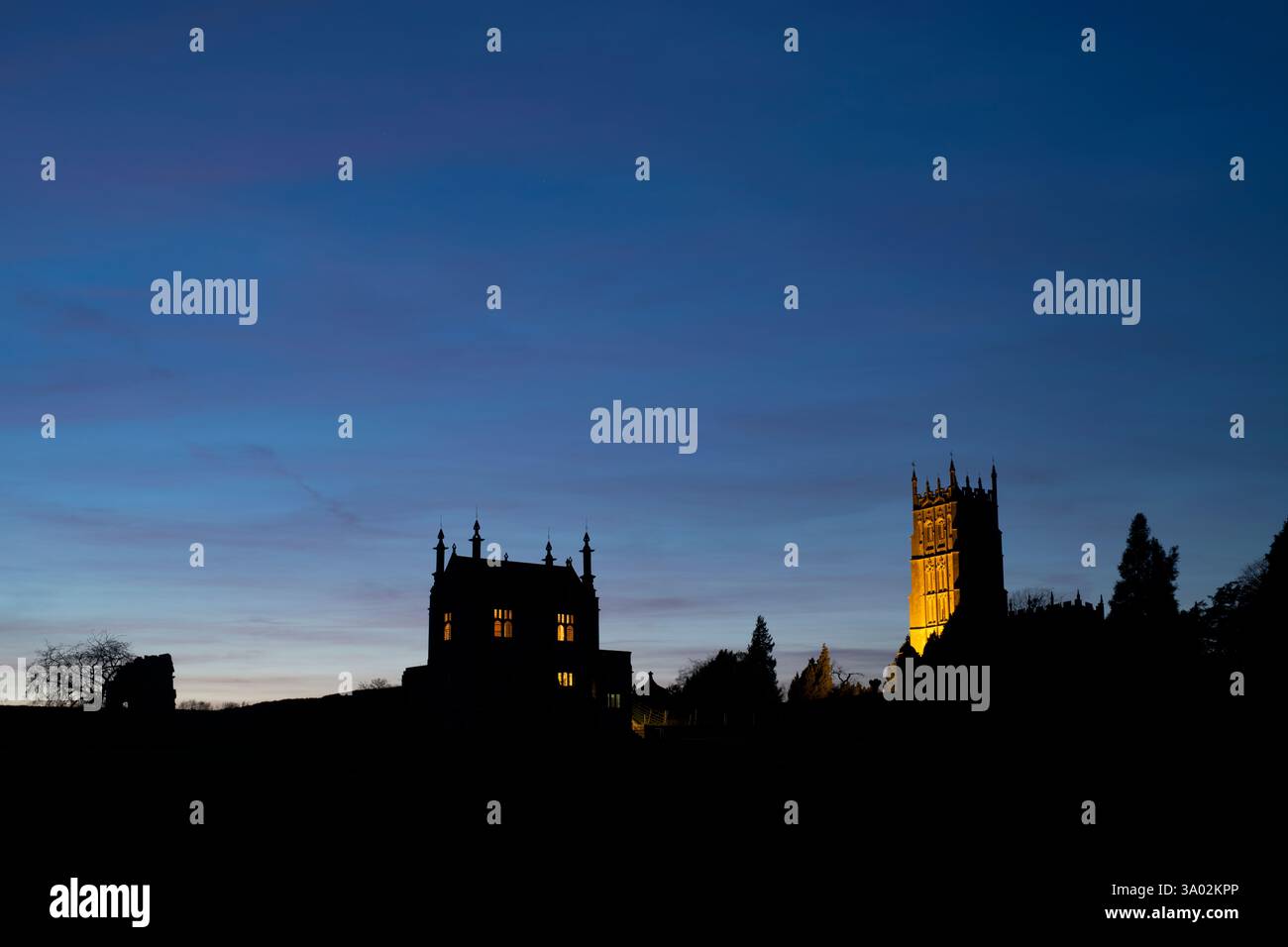 East Banqueting House and Saint James Church at Dusk in January. Chipping Campden, Cotswolds, Gloucestershire, England Stock Photo