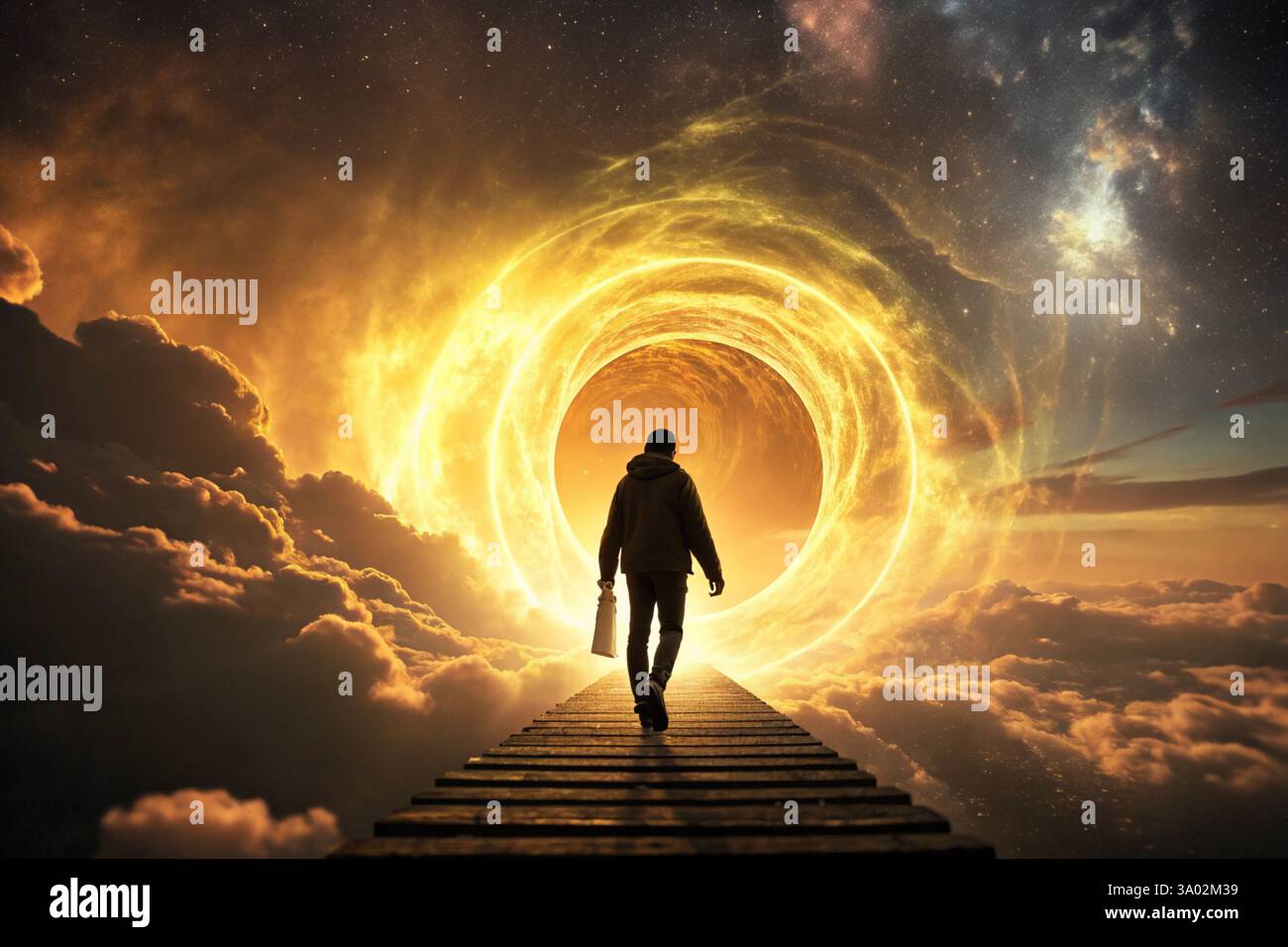 Mysterious fiery portal with a lone figure walking into the unknown ...