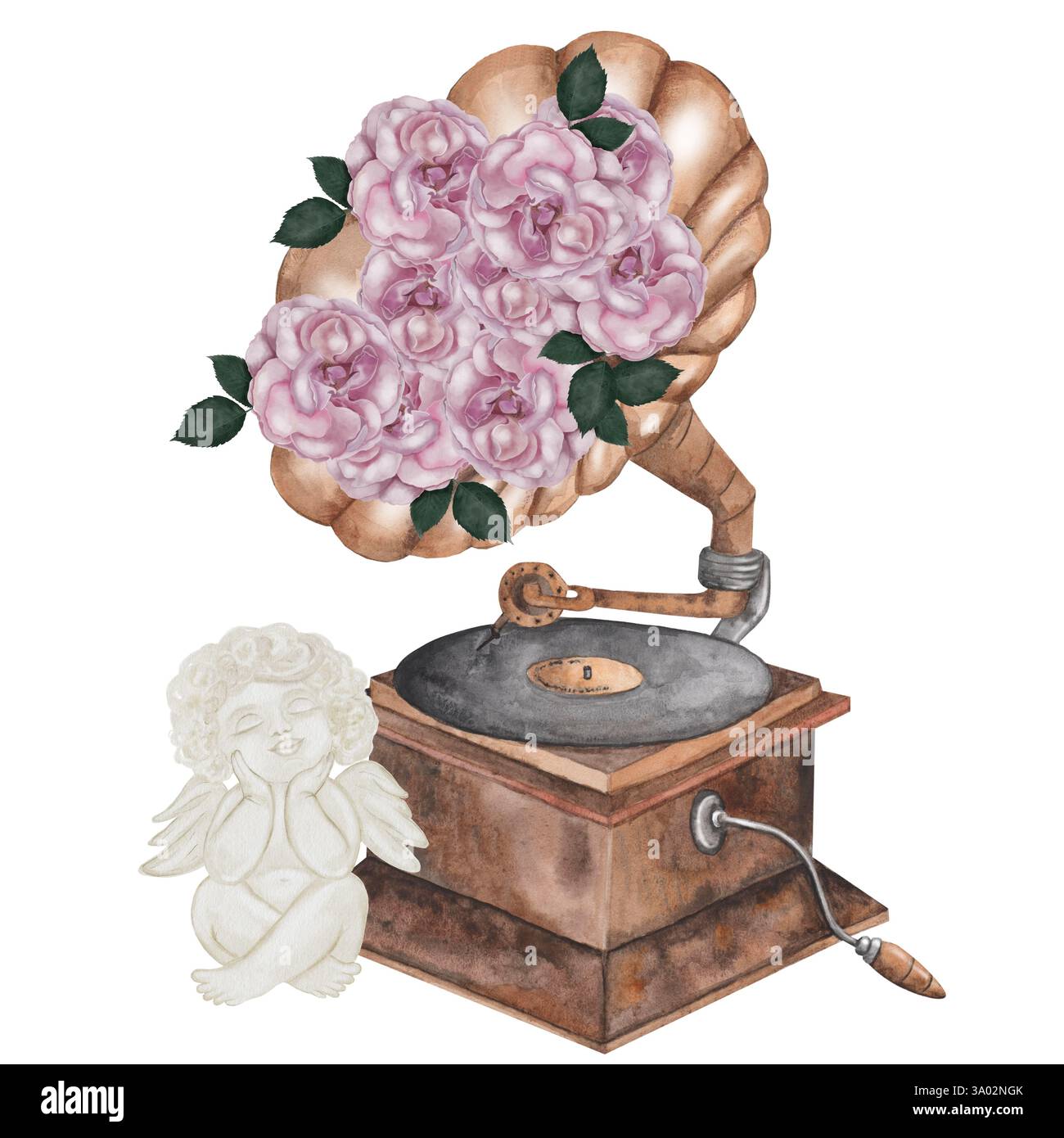 Music Instruments With Roses Gramophone watercolor with an angel. Postcard with a musical instrument ...