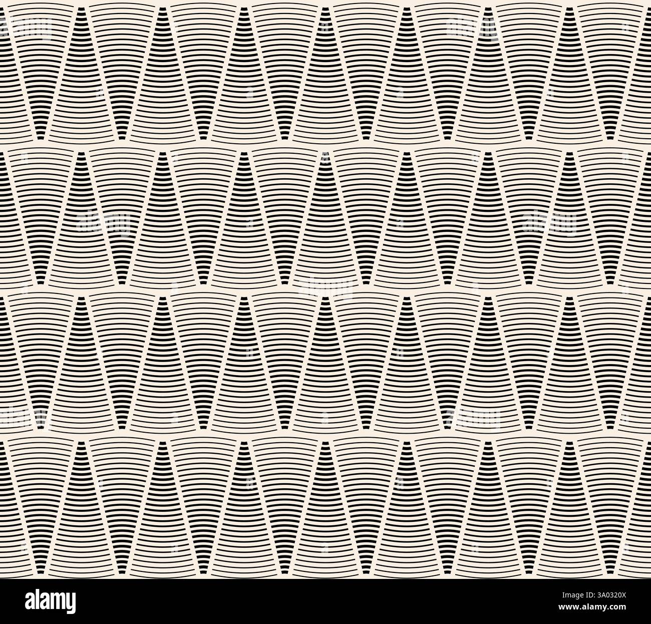 Black striped triangles seamless pattern. Arc many lines on beige background. Striped triangles Stock Vector