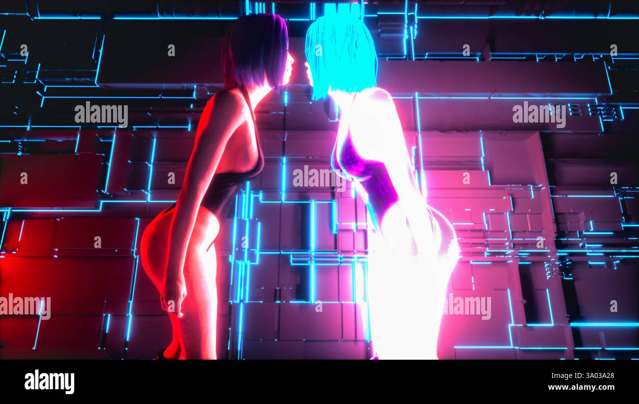 Virtual Reflections: A Cyberpunk Face-Off.. 3d rendering Stock Photo