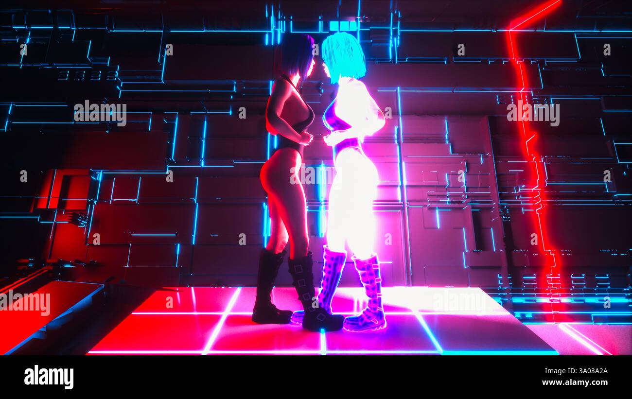 Virtual Reflections: A Cyberpunk Face-Off.. 3d rendering Stock Photo