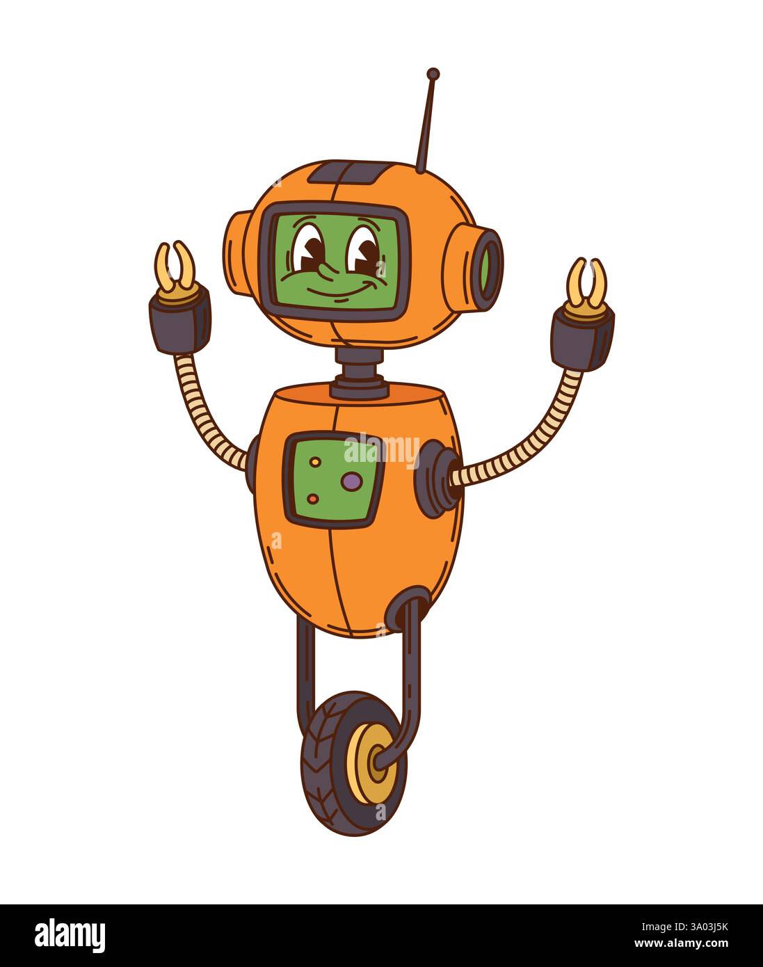 Wheeled orange robot and android groovy funny character. Chatbot bot ...