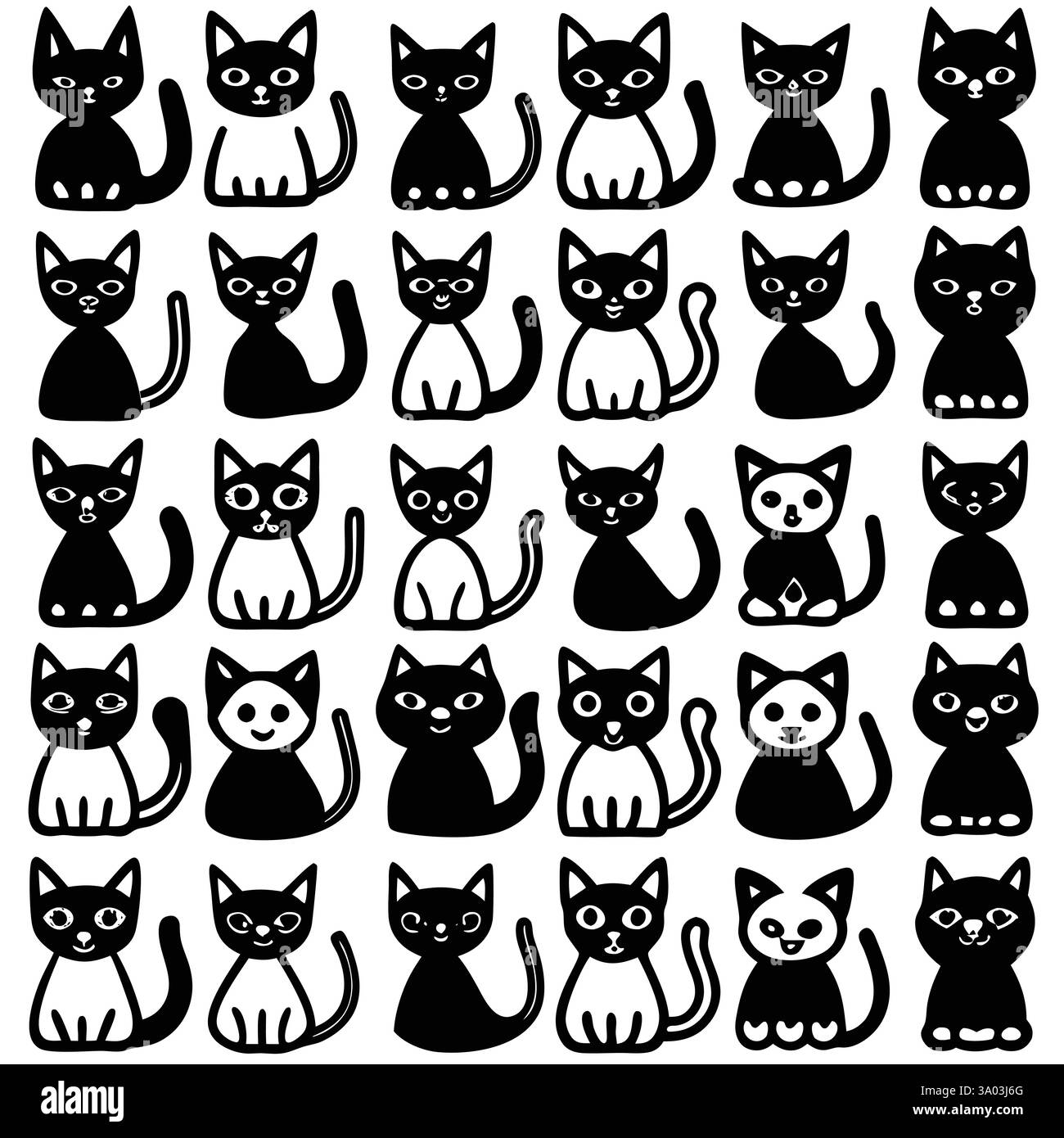 Cute black and white cartoon cats pattern on white background Stock ...