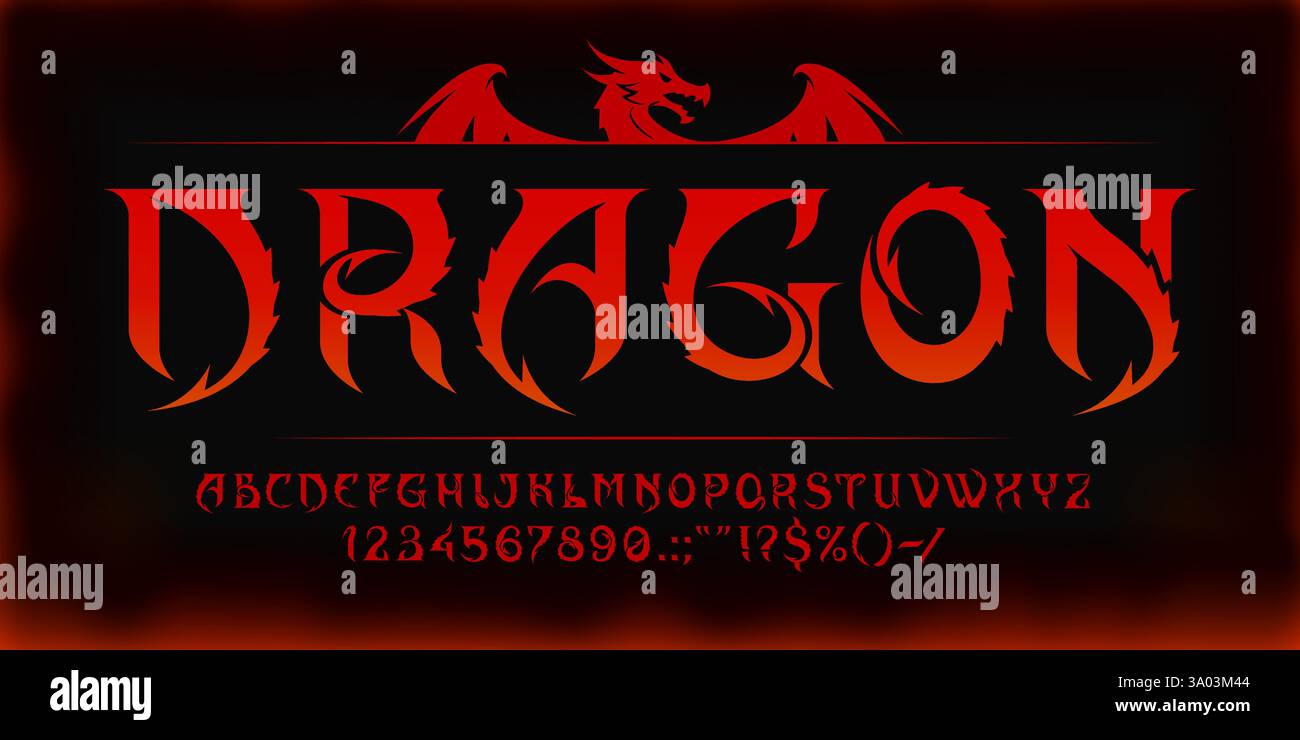 Asian dragon font, oriental chinese and japanese typeface, medieval ...