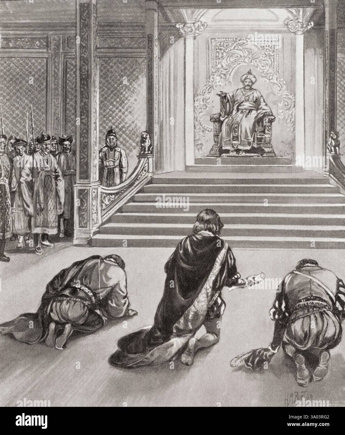 Kublai Khan receiving Marco Polo at his court, China, c.1274.   Kublai Khan, c. 1215 – 1294), aka Emperor Shizu of Yuan and Setsen Khan.  Founder and first emperor of the Mongol-led Yuan dynasty of China.  Marco Polo, 1254 – 1324. Venetian merchant traveller. Stock Photo