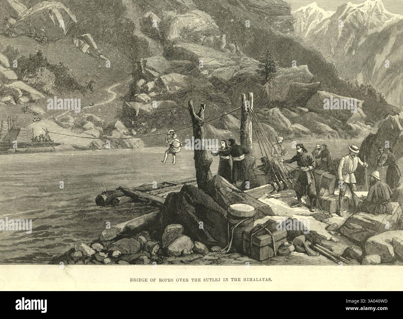 Bridge of ropes over the Sutlej in the Himalayas, Pakistan, Asia Stock ...