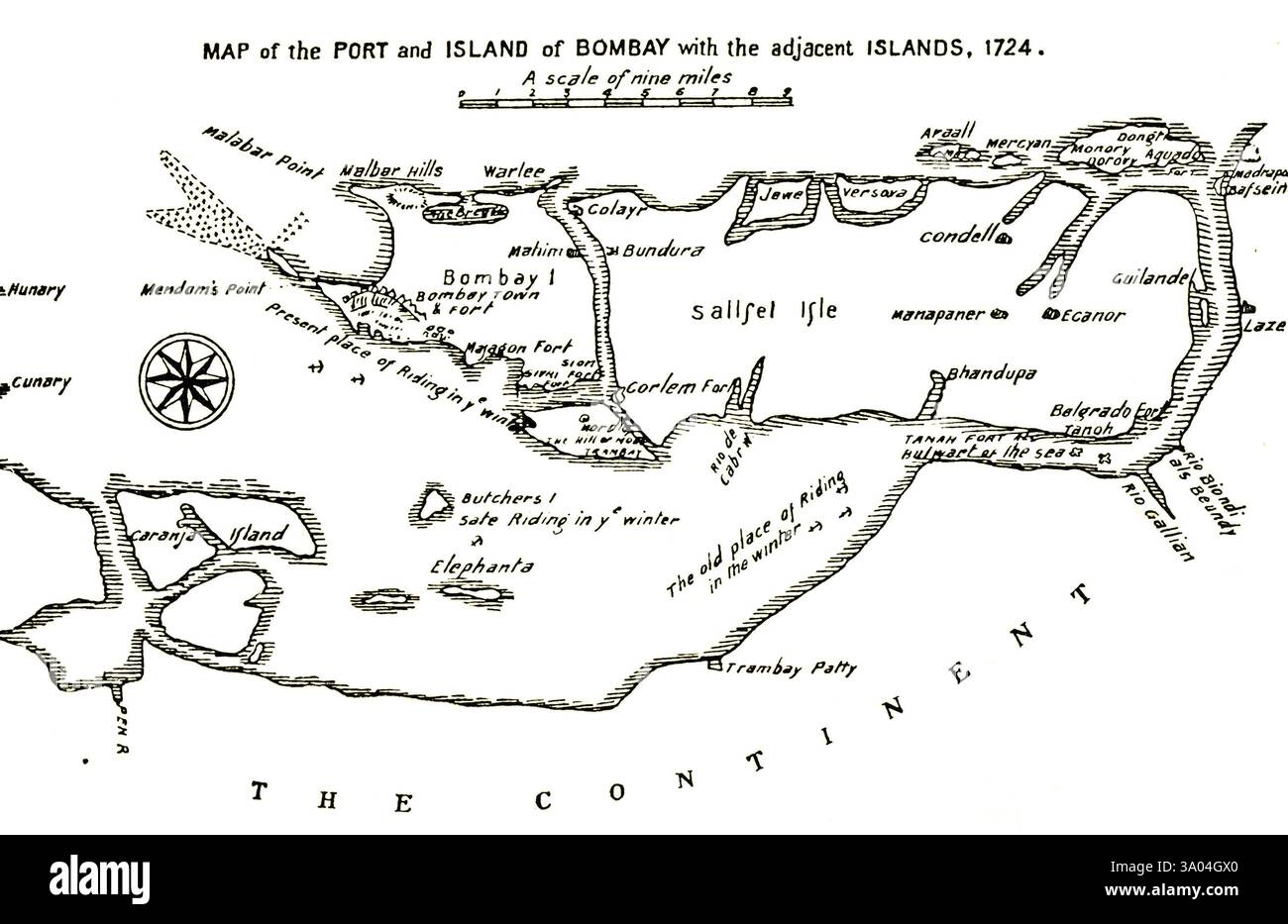 Bombay Map, map of the Port and Island of Bombay with the adjacent Islands, 1724, Mumbai, Maharashtra, India, Asia Stock Photo