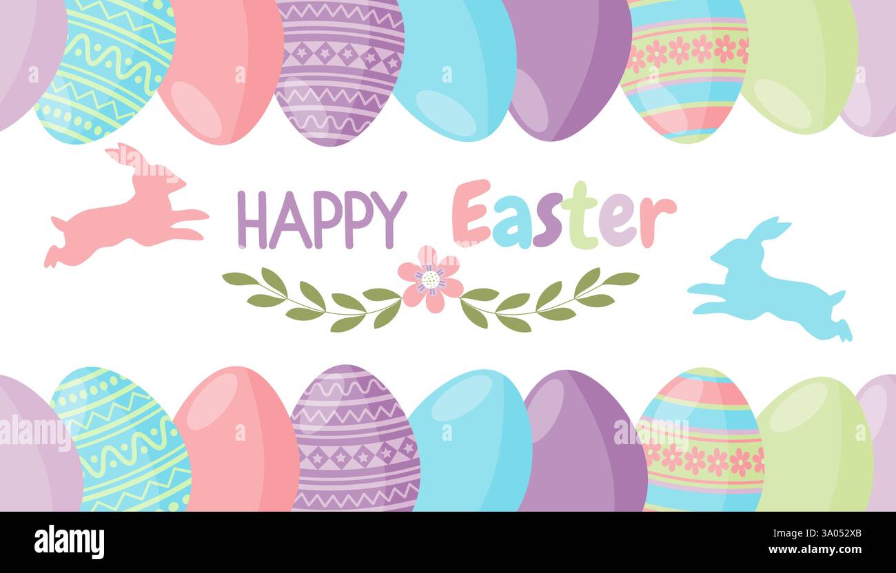 Spring Holiday Easter Eggs and Cute Rabbits Border Stock Vector