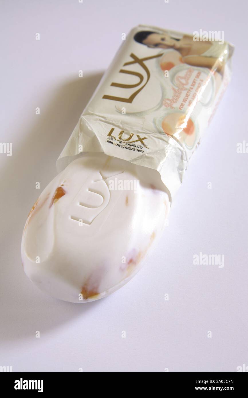 Toilet soap lux for velvety and soft skin on white background Stock ...