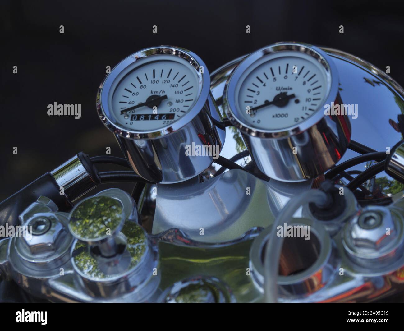 Two chrome instruments with gauges on a motorbike, Appelhuelsen ...