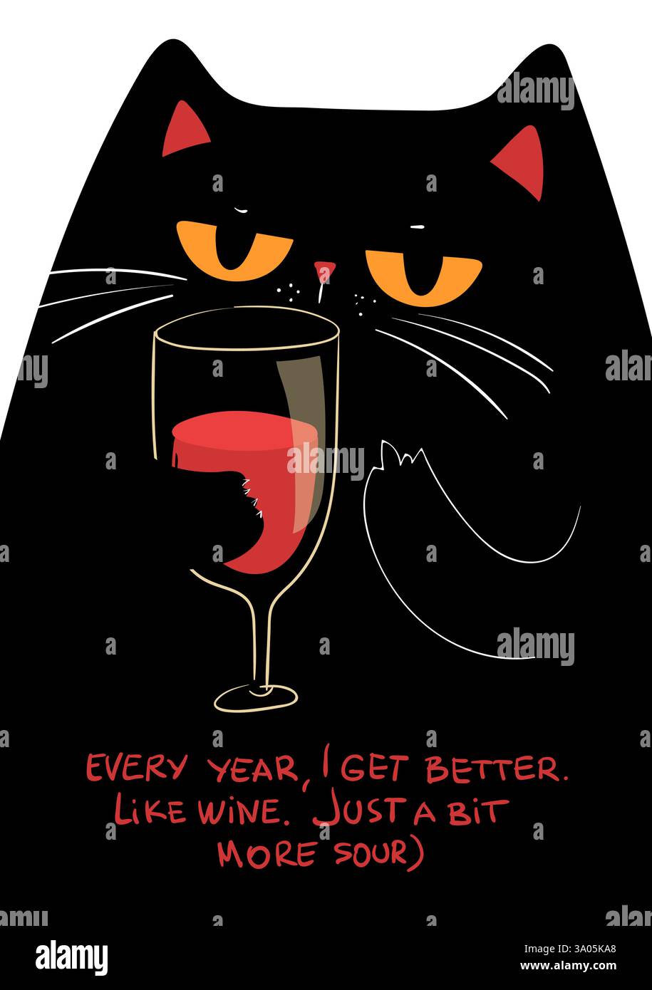 Grumpy Black Cat with Wine Glass Funny Cat Illustration Stock Vector ...