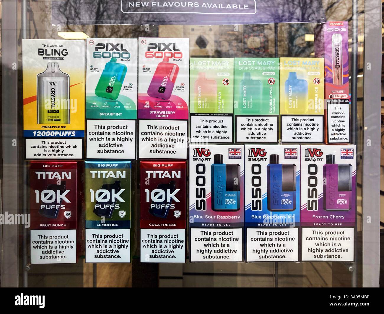 Vaping Shop window with various vape brands for sale Stock Photo