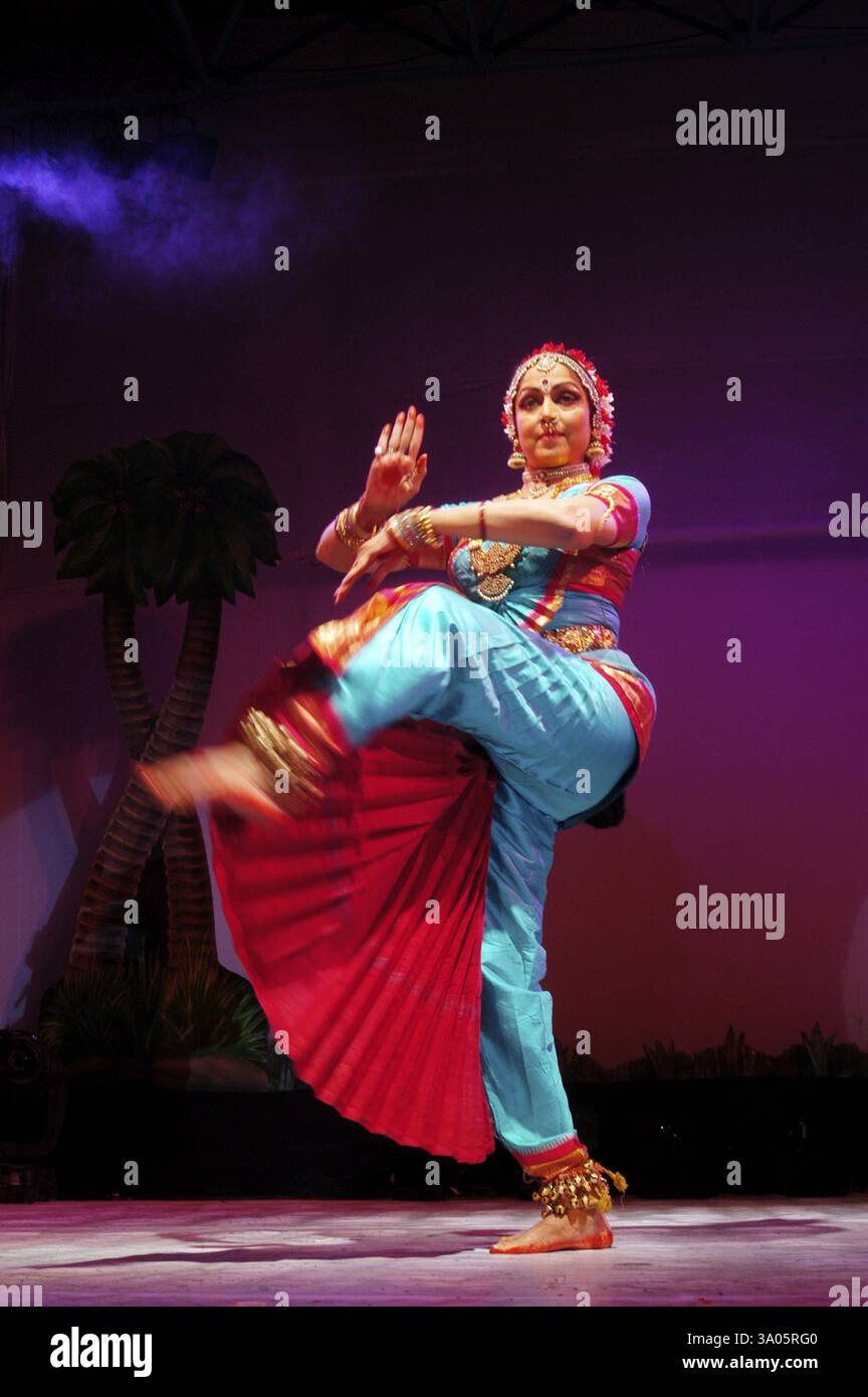 Bollywood actress and dancer-choreographer Hema Malini performs Bharatnatyam piece called Shiva Panchakshari Stock Photo