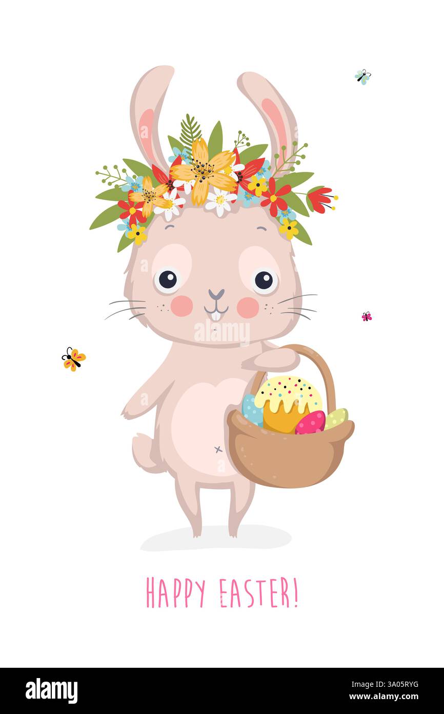 cute Easter card with cute bunnies and lettering. Easter greetings card with bunny, cups, eggs and flowers. Vector illustration EPS10 Stock Vector
