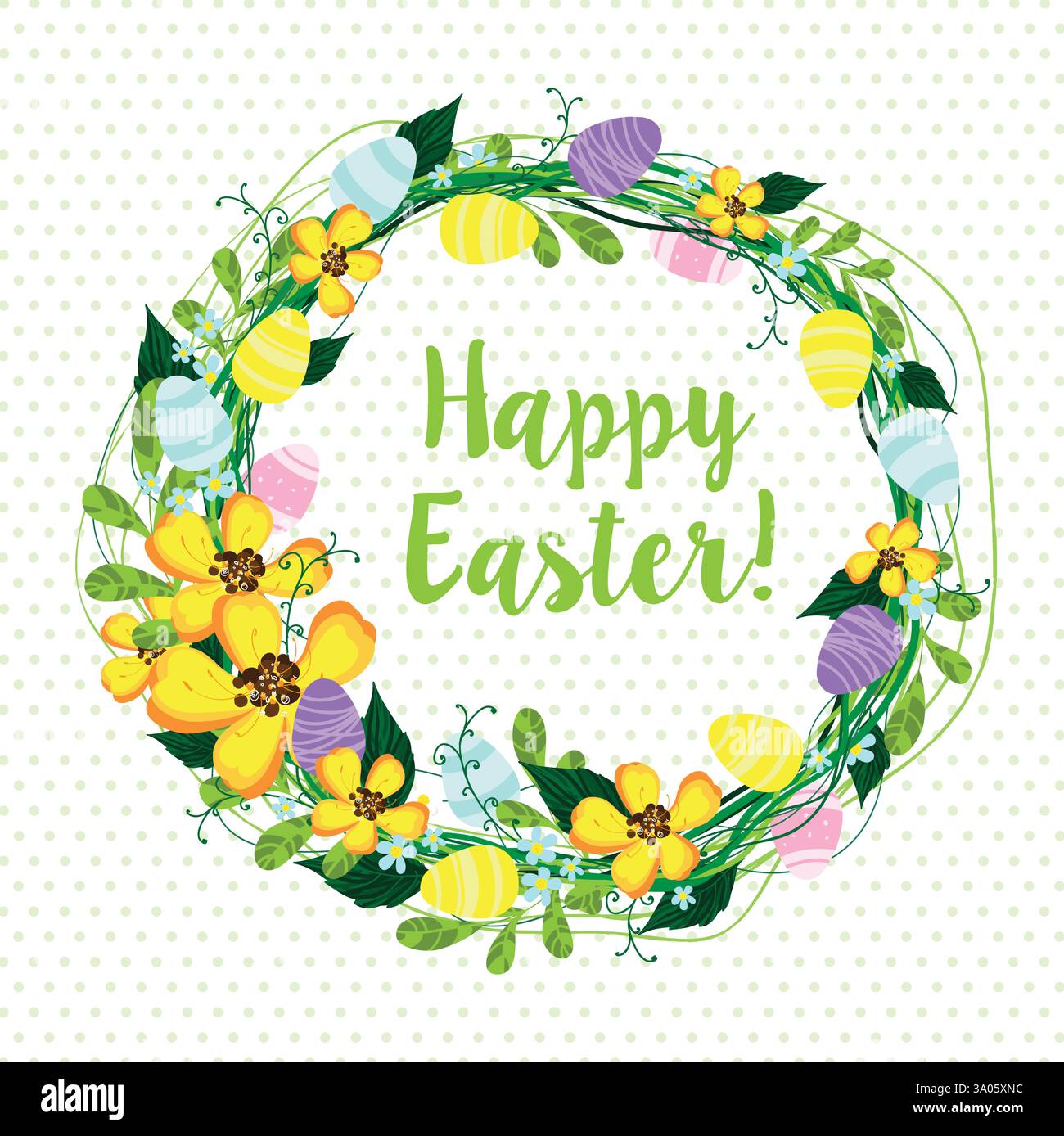 Easter wreath with flowers and eggs, vector illustration Stock Vector