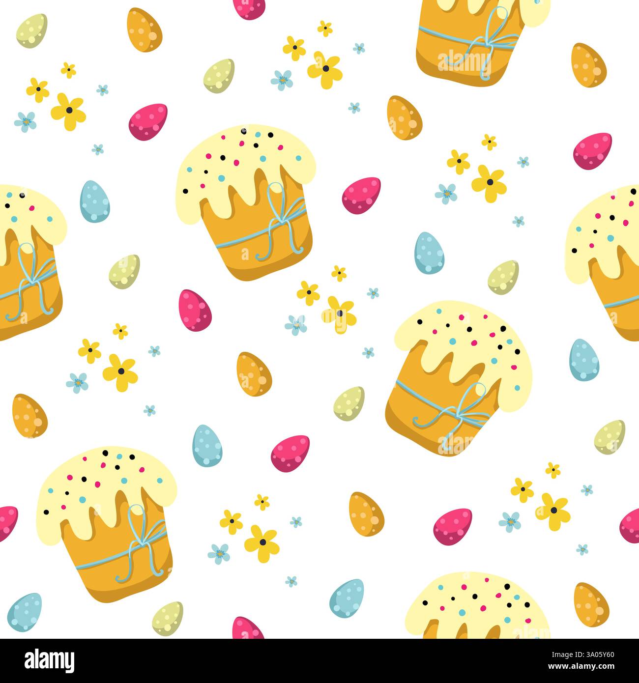 Easter seamless pattern with eggs, easter pies and flowers on white background. Vector illustration EPS10 Stock Vector