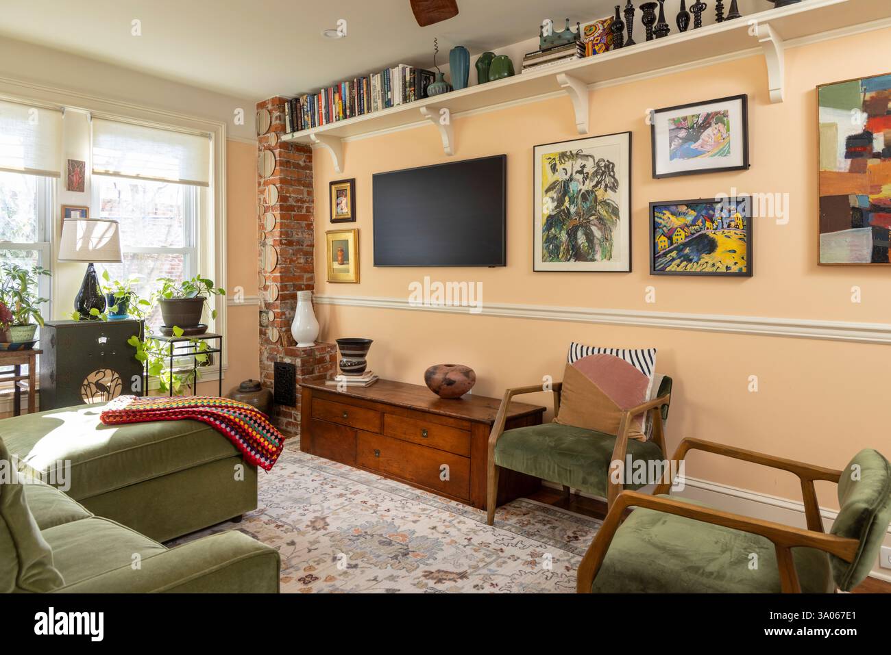Gallery wall with television, peach walls and houseplants, Philadelphia, Pennsylvania, USA Stock Photo