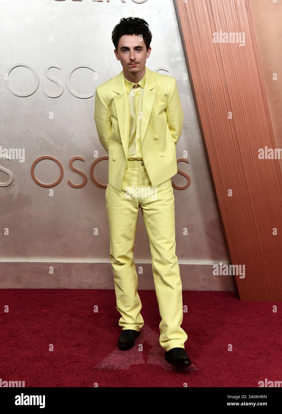 Timothee Chalamet arrives at the Oscars on Sunday, March 2, 2025, at ...