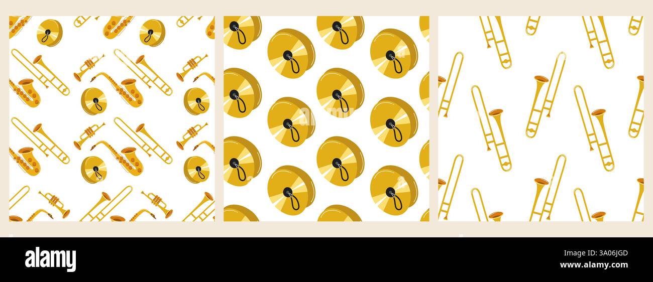 Vibrant music-themed pattern featuring various instruments and elements in bright yellow tones Stock Vector