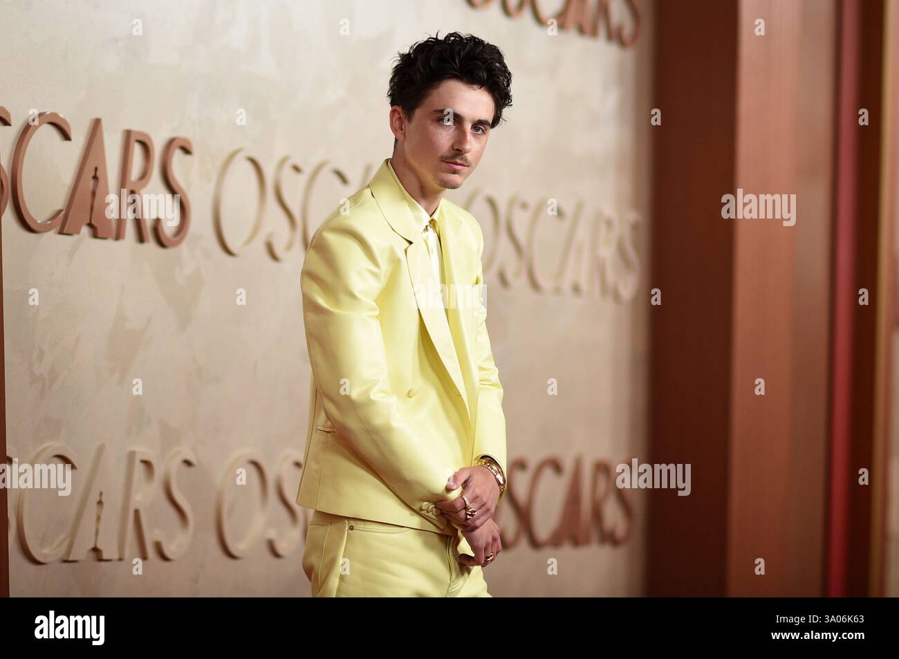 Timothee Chalamet arrives at the Oscars on Sunday, March 2, 2025, at ...