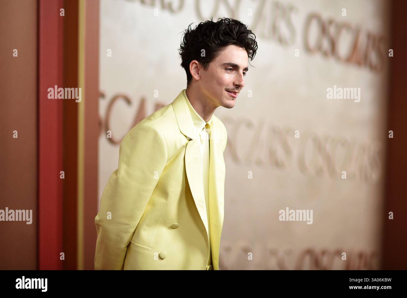 Timothee Chalamet arrives at the Oscars on Sunday, March 2, 2025, at ...