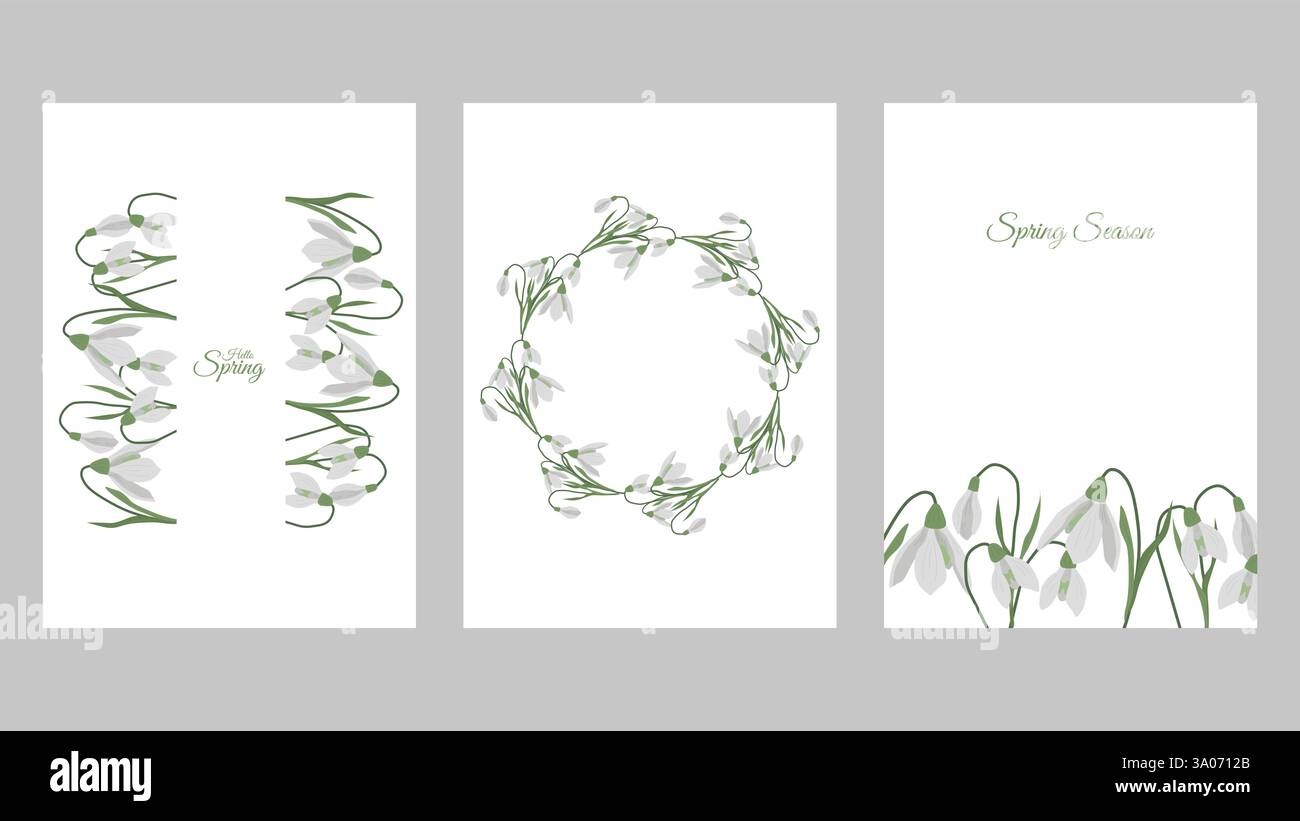 Hello Spring template poster or cards set. Elegant frame with snowdrops ...