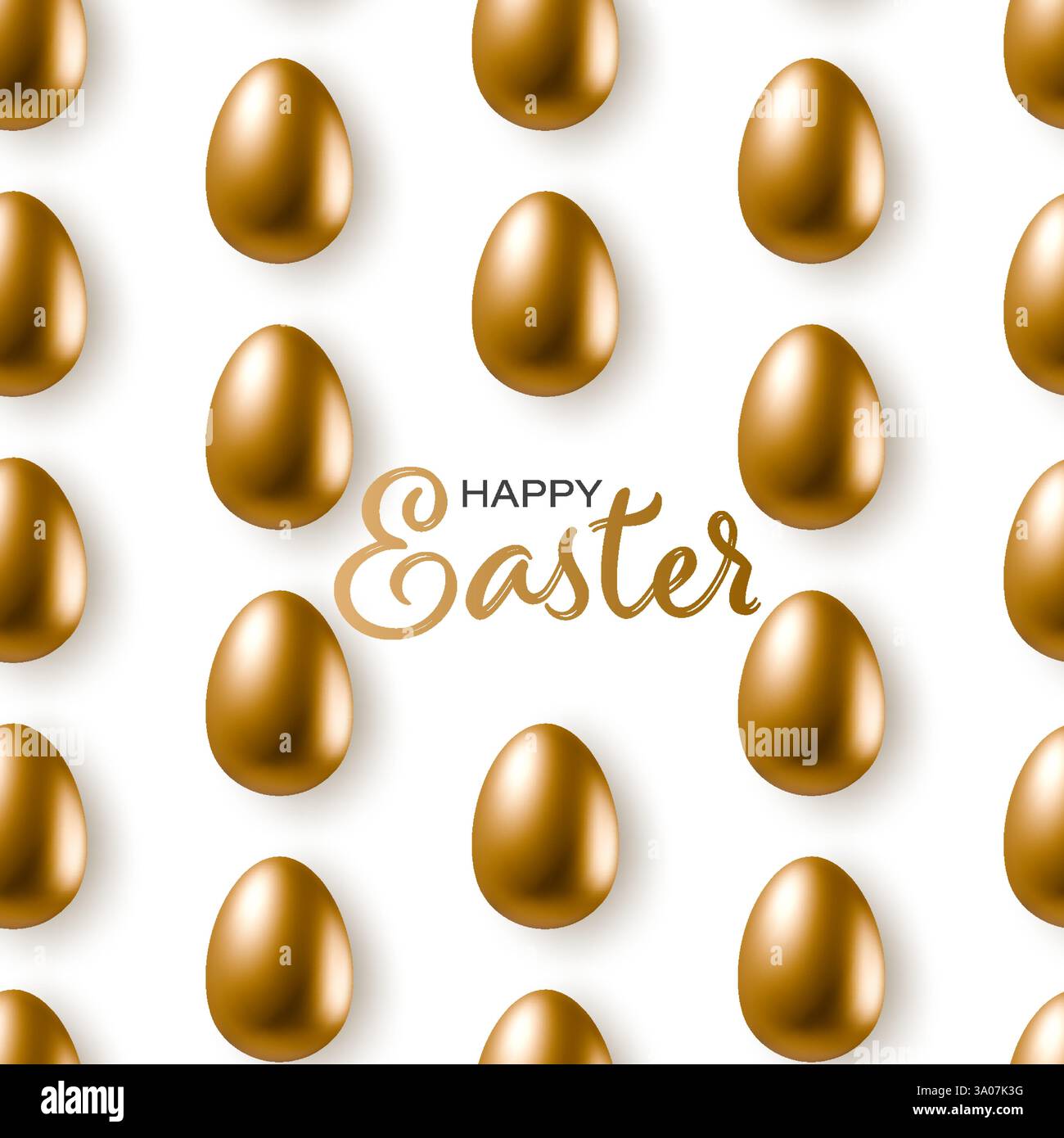 Happy Easter golden eggs pattern background. 3d realistic seamless vector gold egg isolated in white Stock Vector