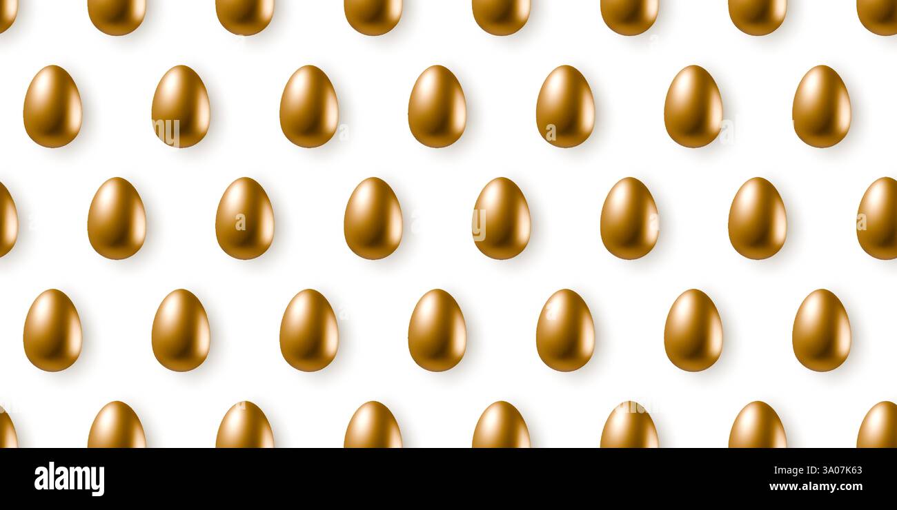 Golden eggs seamless pattern isolated on white background. 3d realistic gold egg repeating objects Stock Vector
