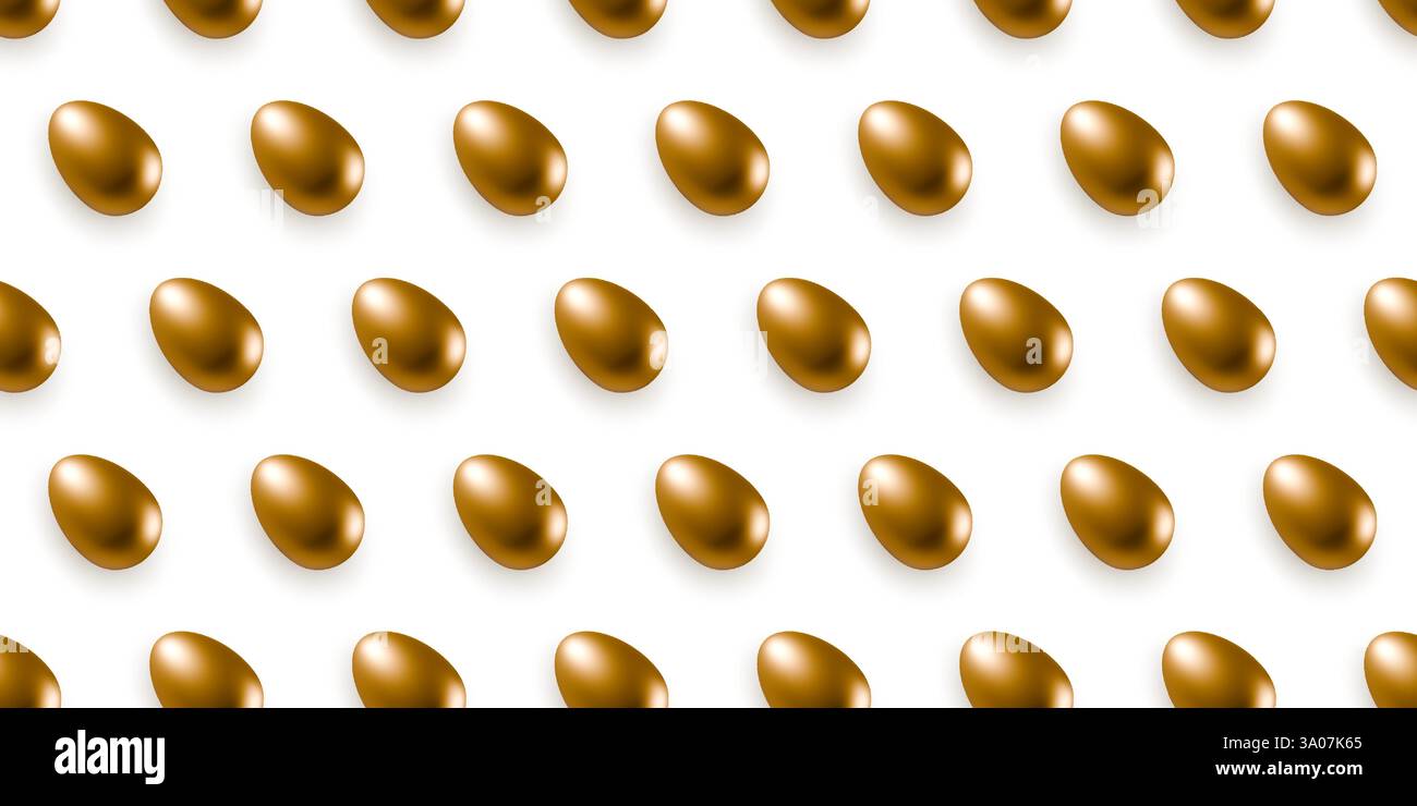 Golden shiny 3d vector eggs seamless pattern isolated on white. Realistic gold egg repeating objects Stock Vector