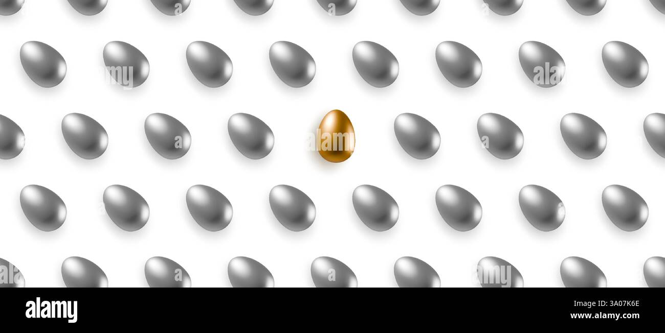 Golden egg isolated among multiple silver eggs on white. Shiny 3d vector eggs seamless pattern Stock Vector