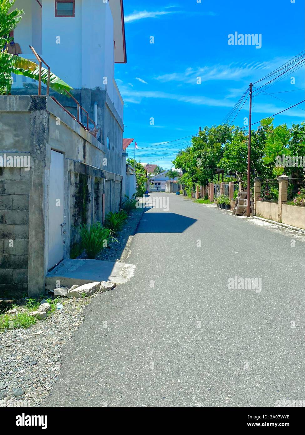 A peaceful residential street on a sunny day, with clear blue skies, lush greenery, and a calm atmosphere. - Smartphone Captured Stock Image
