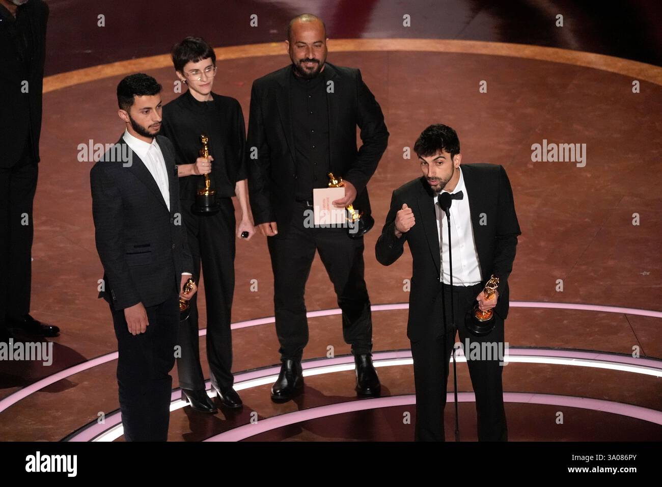 Basel Adra, from left, Rachel Szor, Hamdan Ballal, and Yuval Abraham