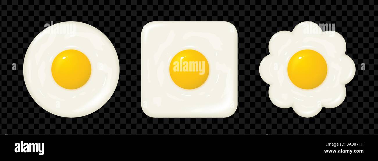 Realistic 3d Round, squared and daisy shape of fried egg. Stock Vector