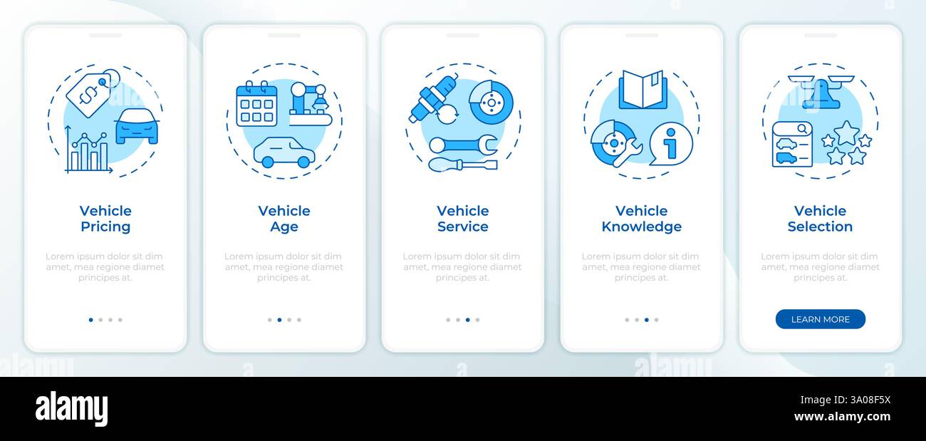 Vehicle evaluation blue onboarding mobile app screen Stock Vector