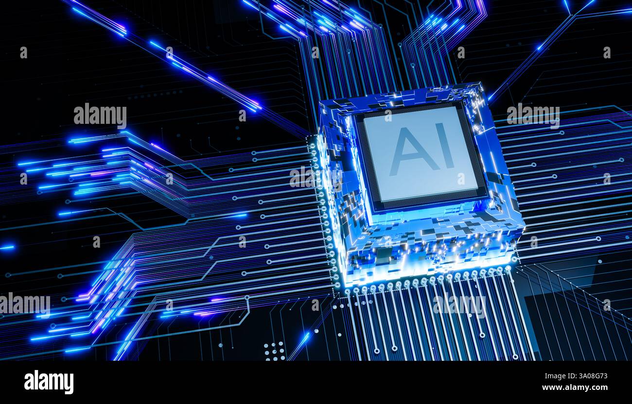 AI chip on illuminated motherboard, high-tech processor for artificial intelligence, digital computing, neural network technology, glowing circuits, m Stock Photo