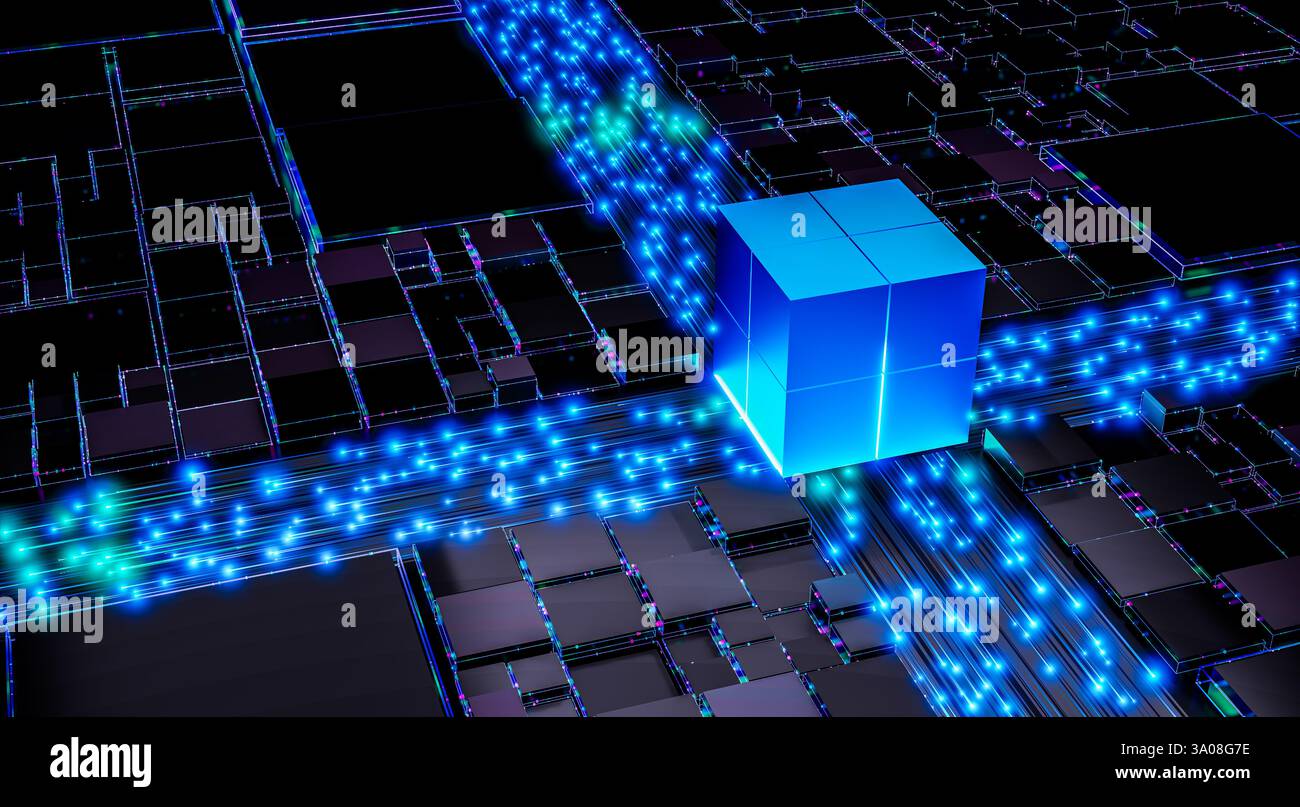 Advanced quantum processor futuristic 3D rendering digital computing, AI innovation glowing cube sci-fi circuits high-tech microchip nanotechnology da Stock Photo