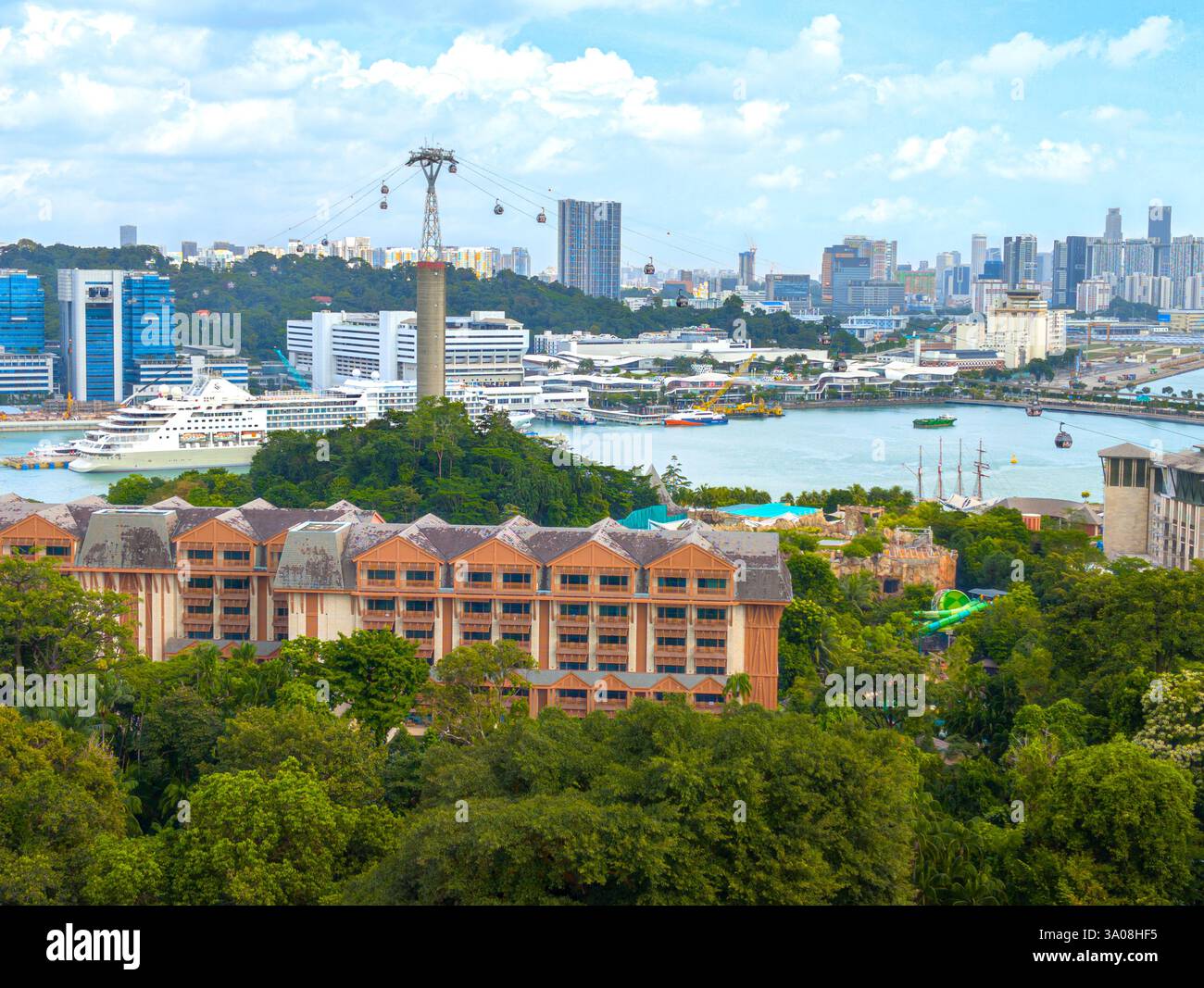 Sentosa View Point Panoramic View of Sentosa City, Harbor, and Skyscrapers with Lush ...