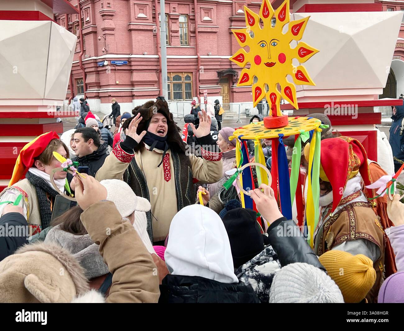 Moscow, Russia.2nd March 2025. Artists perform during a celebration of