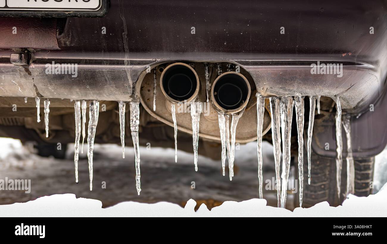 Features of car operation in winter at negative ambient temperatures, selective focus Stock Photo