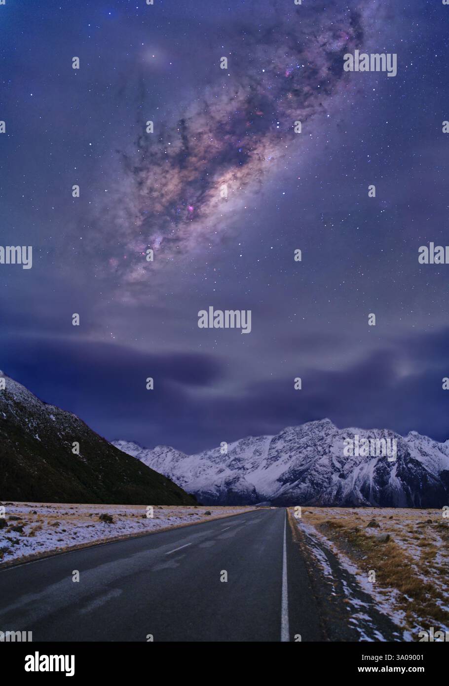 Milky Way core above the road to Mount Cook, South Island, New Zealand ...