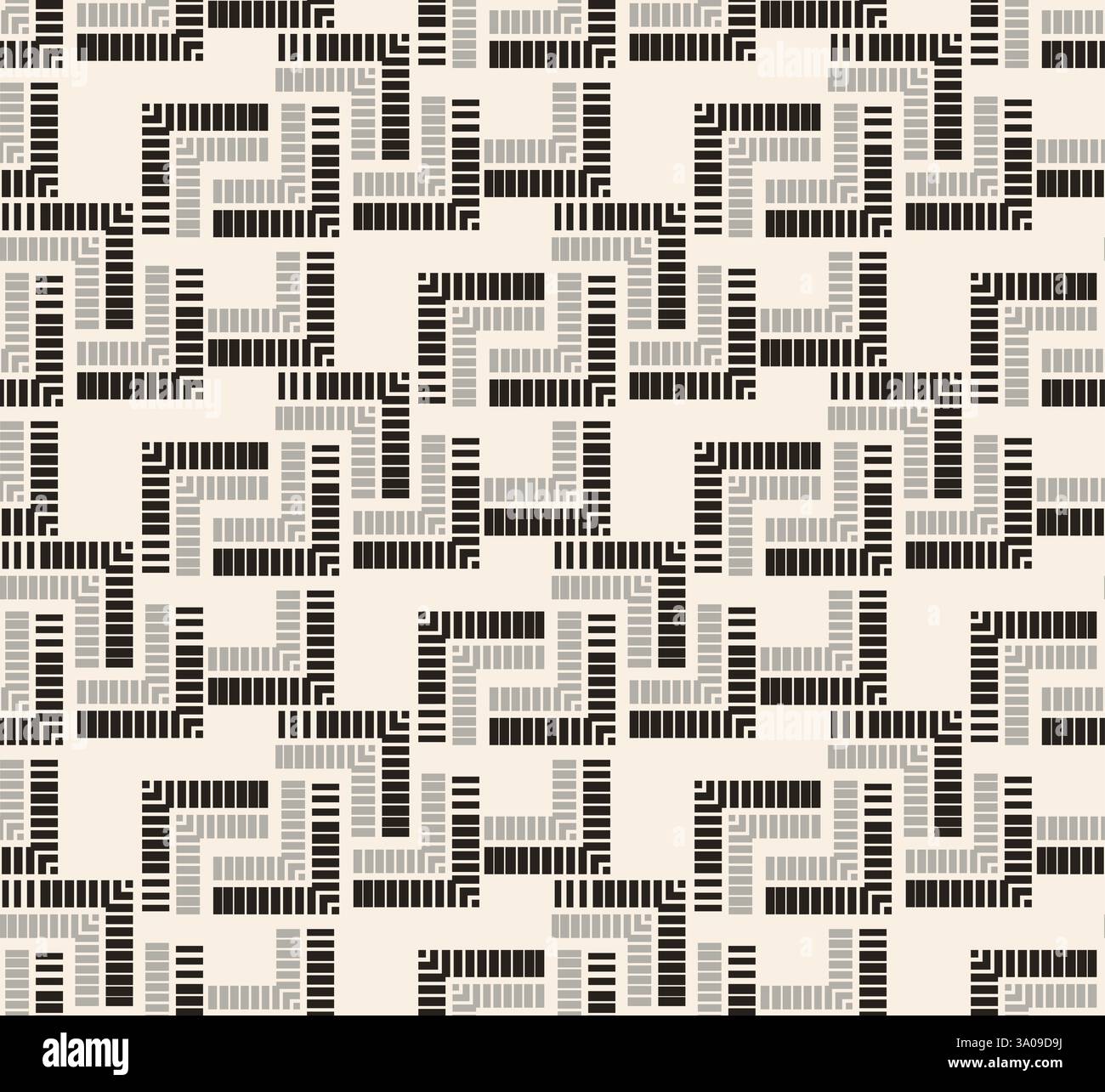 Black grey labyrinth seamless pattern on beige background. Geometric different corner shapes pattern for textile, wrapping, banner. Stock Vector