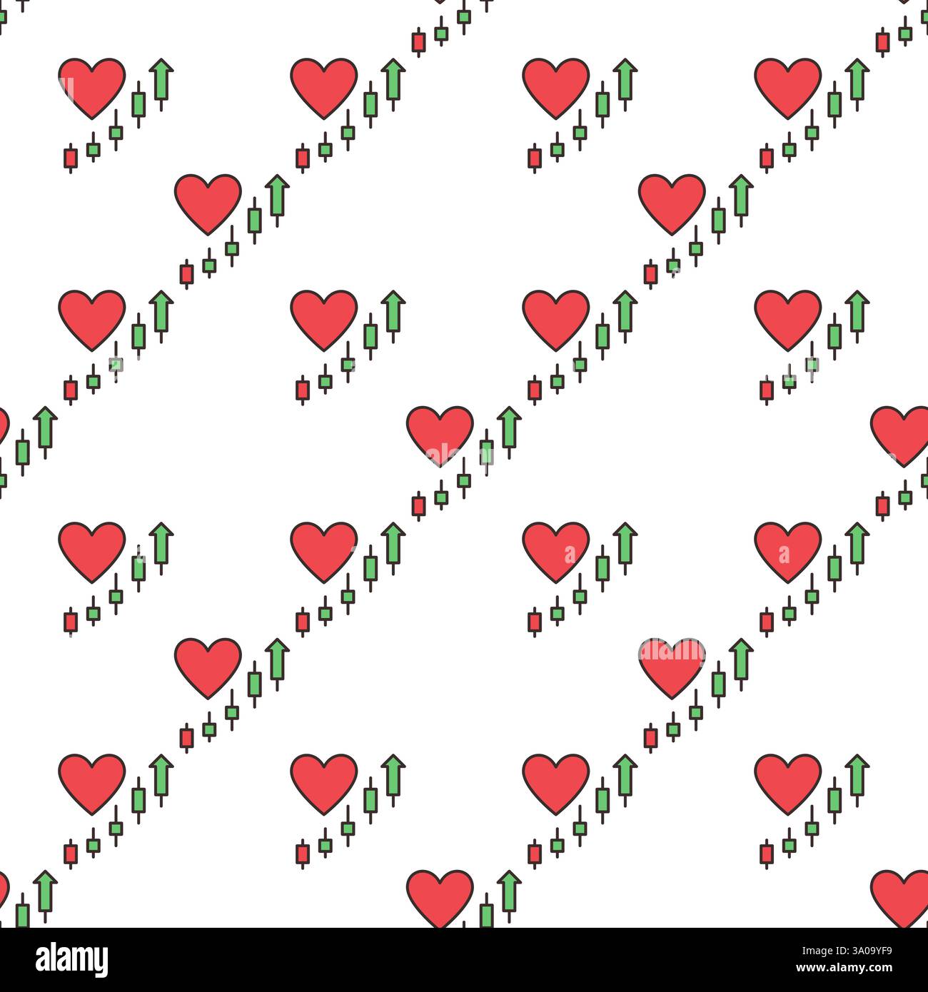 Big Red Heart with Market Chart Patterns vector Economic Insights concept thin line seamless pattern Stock Vector