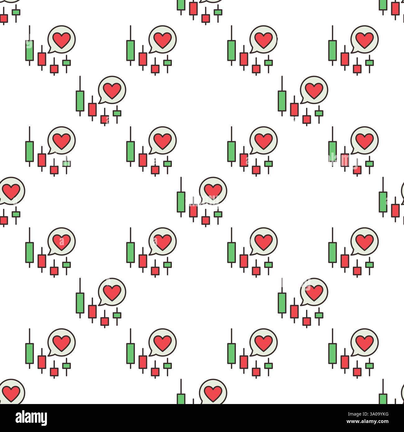 Candlestick Chart with Heart in Speech Bubble vector concept colored seamless pattern Stock Vector